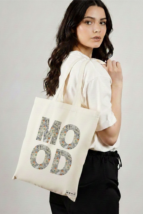 Sacosa Cumparaturi Textila, Geanta Tote, model Money Mood, 38x34.5 cm, Alba, BEKZ®