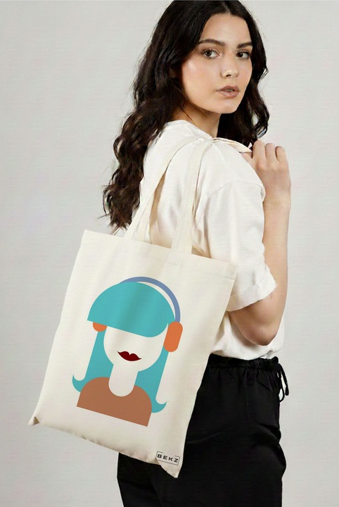 Sacosa Cumparaturi Textila, Geanta Tote, model The Music Girl, 38x34.5 cm, Alba, BEKZ®