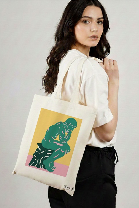 Sacosa Cumparaturi Textila, Geanta Tote, model The Thinker, 38x34.5 cm, Alba, BEKZ®