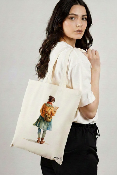 Sacosa Cumparaturi Textila, Geanta Tote, model The bookie girl 25 38 x 34.5 cm, Alb, BEKZ®