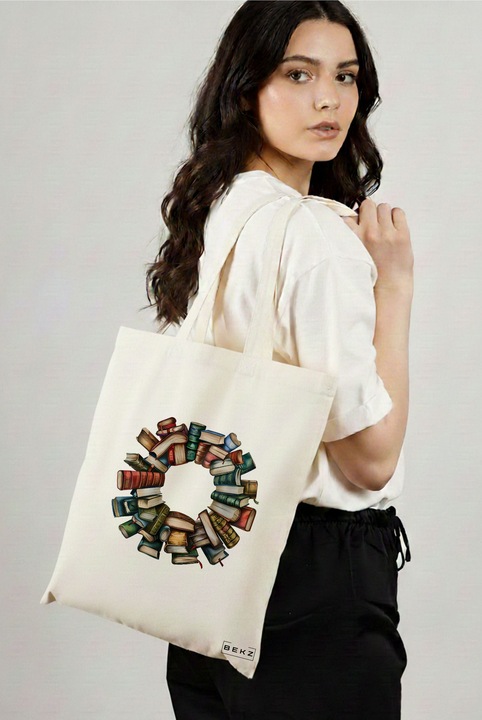 Sacosa Cumparaturi Textila, Geanta Tote, model Books and flowers 18 38 x 34.5 cm, Alb, BEKZ®