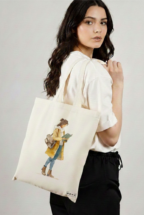 Sacosa Cumparaturi Textila, Geanta Tote, model The bookie girl 26 38 x 34.5 cm, Alb, BEKZ®