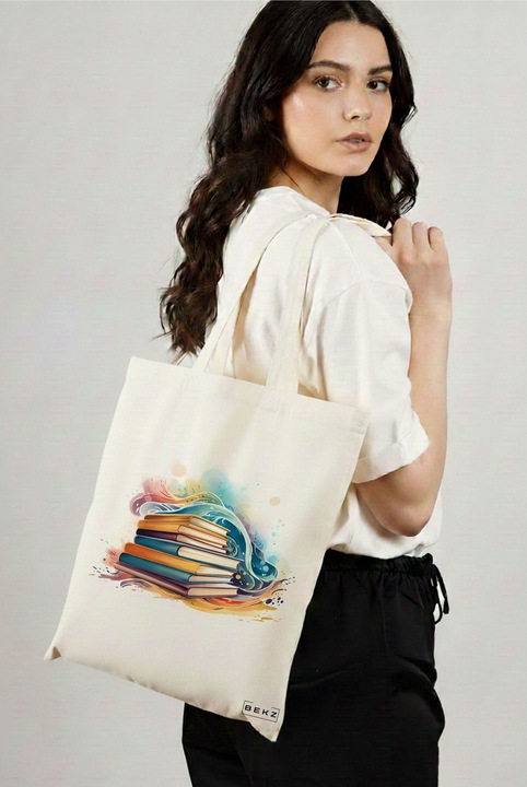 Sacosa Cumparaturi Textila, Geanta Tote, model Books 28 38 x 34.5 cm, Alb, BEKZ®