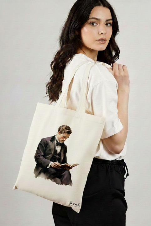 Sacosa Cumparaturi Textila, Geanta Tote, model The intellectual 38 x 34.5 cm, Alb, BEKZ®
