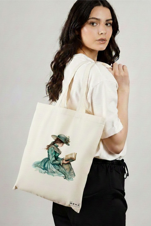 Sacosa Cumparaturi Textila, Geanta Tote, model The bookie girl 37 38 x 34.5 cm, Alb, BEKZ®