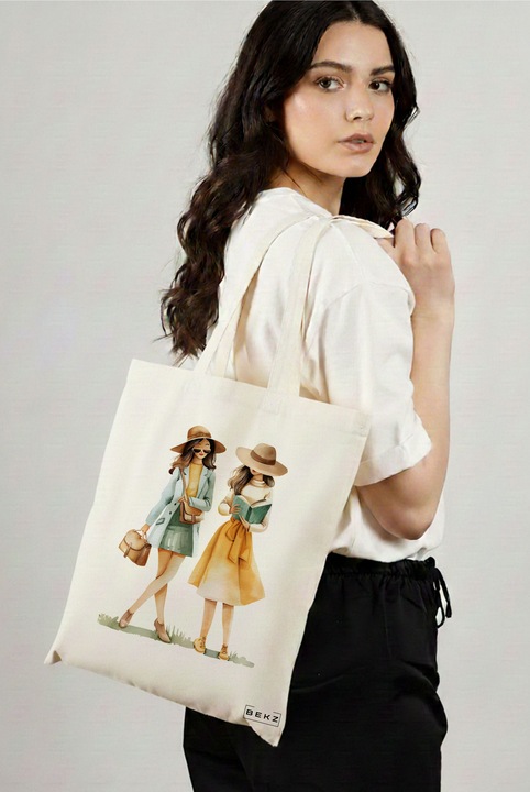 Sacosa Cumparaturi Textila, Geanta Tote, model The bookie girl 29 38 x 34.5 cm, Alb, BEKZ®