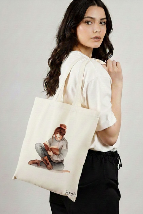 Sacosa Cumparaturi Textila, Geanta Tote, model The bookie girl 36 38 x 34.5 cm, Alb, BEKZ®