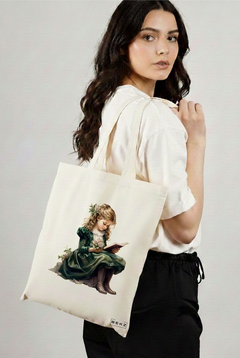 Sacosa Cumparaturi Textila, Geanta Tote, model The bookie girl 18 38 x 34.5 cm, Alb, BEKZ®