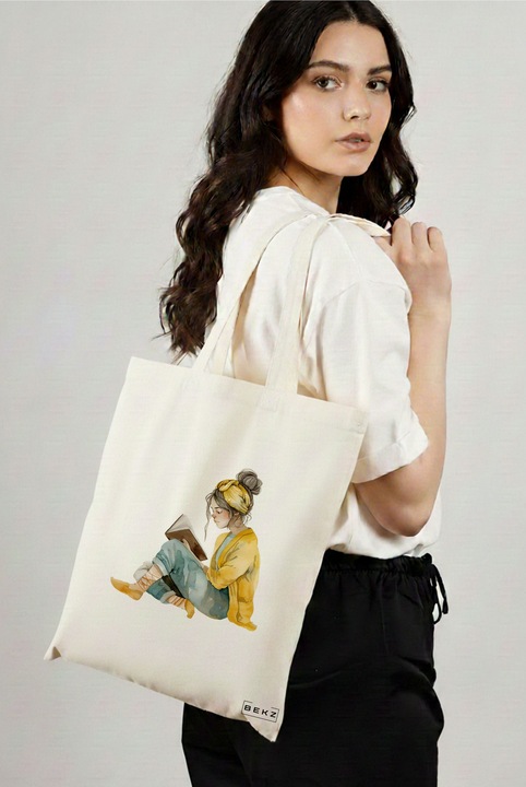 Sacosa Cumparaturi Textila, Geanta Tote, model The bookie girl 35 38 x 34.5 cm, Alb, BEKZ®