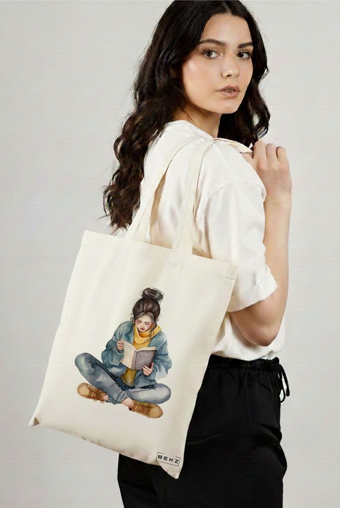 Sacosa Cumparaturi Textila, Geanta Tote, model The bookie girl 34 38 x 34.5 cm, Alb, BEKZ®