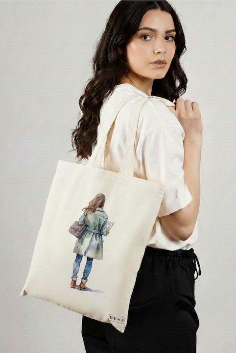 Sacosa Cumparaturi Textila, Geanta Tote, model The bookie girl 24 38 x 34.5 cm, Alb, BEKZ®