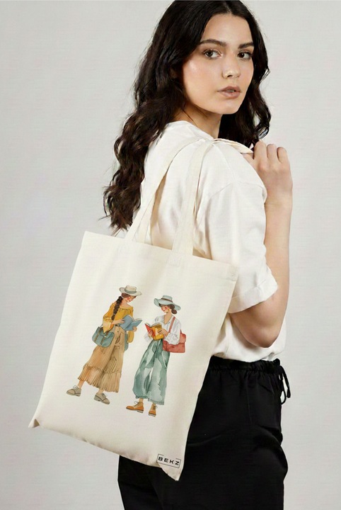 Sacosa Cumparaturi Textila, Geanta Tote, model The bookie girl 21 38 x 34.5 cm, Alb, BEKZ®