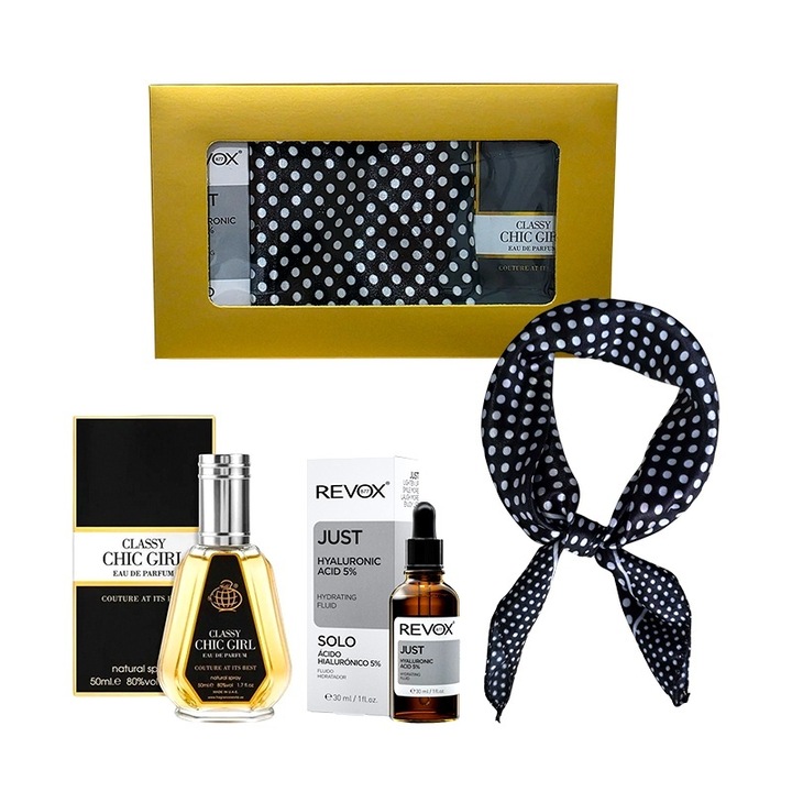 Set Elysa - Apa de Parfum Classy Chic Girl 50ml Femei, Ser Revox Hyaluronic Acid 5% 30ml, Esarfa
