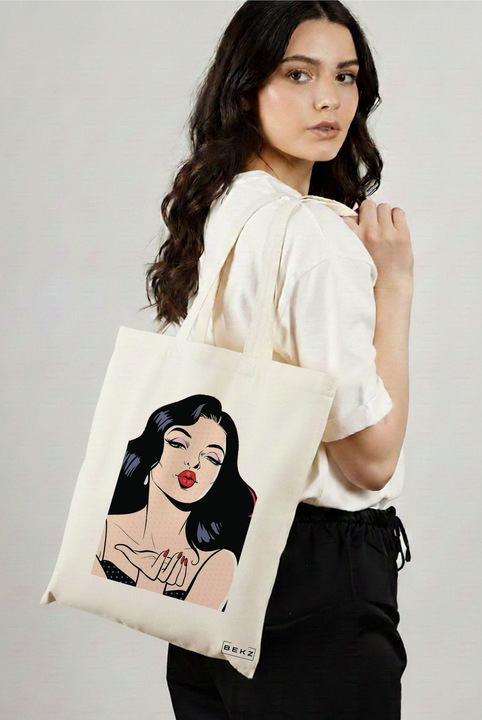Sacosa Cumparaturi Textila, Geanta Tote, model Stylish Girl, 38x34.5 cm, Alba, BEKZ®