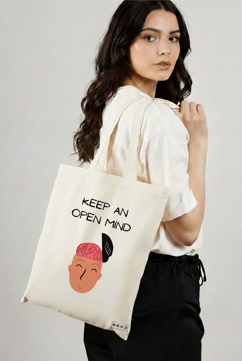 Sacosa Cumparaturi Textila, Geanta Tote, model Keep an open mind, 38x34.5 cm, Alba, BEKZ®