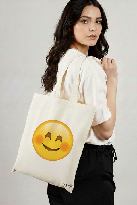 Sacosa Cumparaturi Textila, Geanta Tote, model Smiling Emoji, 38x34.5 cm, Alba, BEKZ®