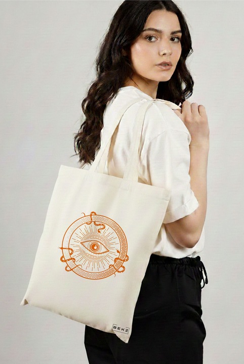 Sacosa Cumparaturi Textila, Geanta Tote, model Mystic Eye, 38x34.5 cm, Alba, BEKZ®