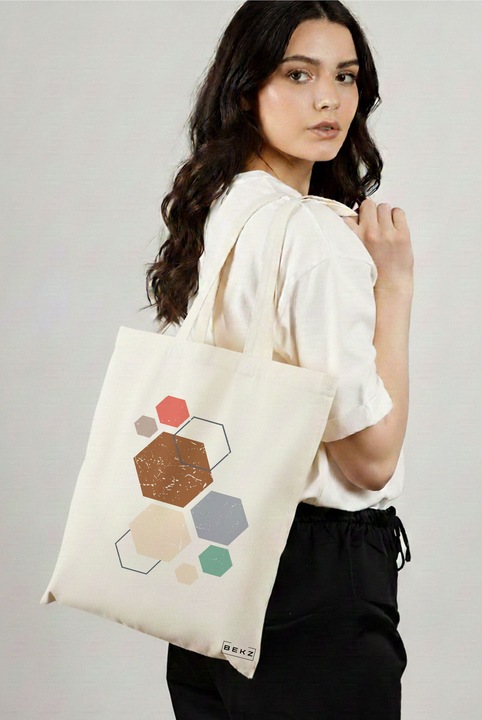 Sacosa Cumparaturi Textila, Geanta Tote, model Hexagons Pattern, 38x34.5 cm, Alba, BEKZ®