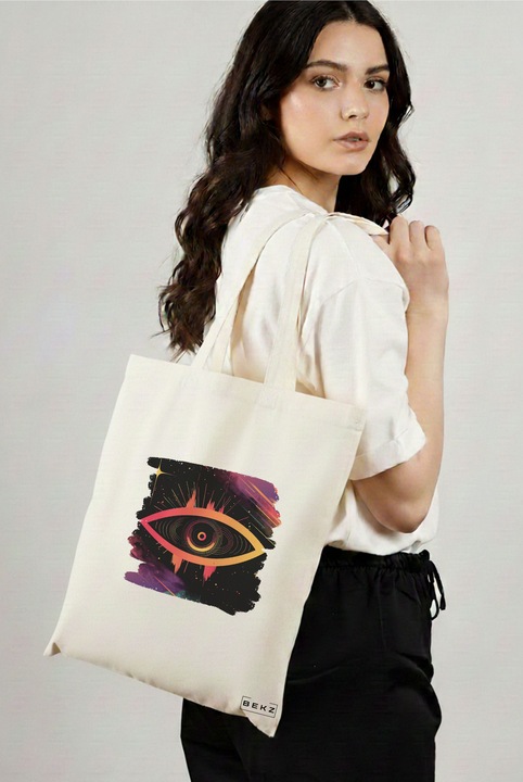 Sacosa Cumparaturi Textila, Geanta Tote, model Celestial Eye 18, 38x34.5 cm, Alba, BEKZ®