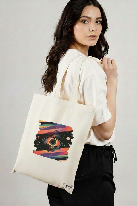 Sacosa Cumparaturi Textila, Geanta Tote, model Celestial Eye 11, 38x34.5 cm, Alba, BEKZ®