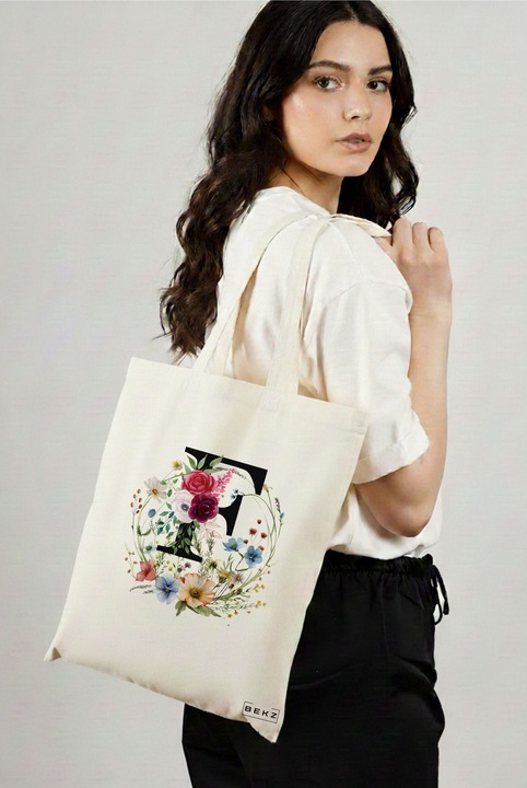 Sacosa Cumparaturi Textila, Geanta Tote, Cu litera F in Coronita Florala, 38x34.5 cm, Alba, BEKZ®