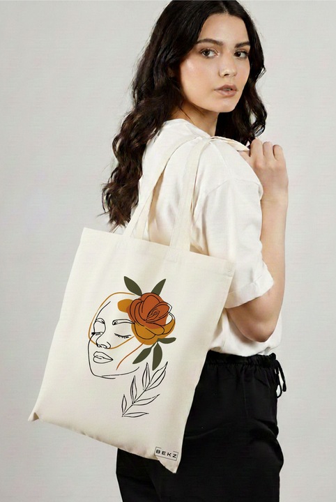Sacosa Cumparaturi Textila, Geanta Tote, Flower Lady 7, 38x34.5 cm, Alba, BEKZ®