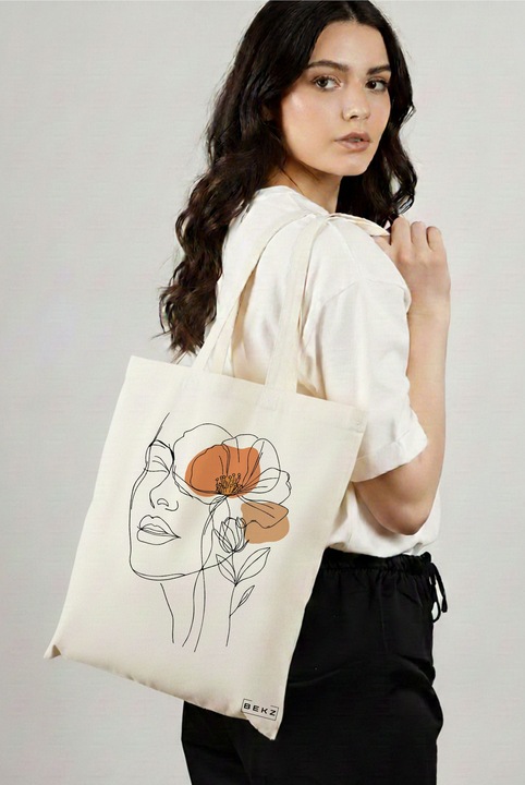 Sacosa Cumparaturi Textila, Geanta Tote, Flower Lady 4, 38x34.5 cm, Alba, BEKZ®