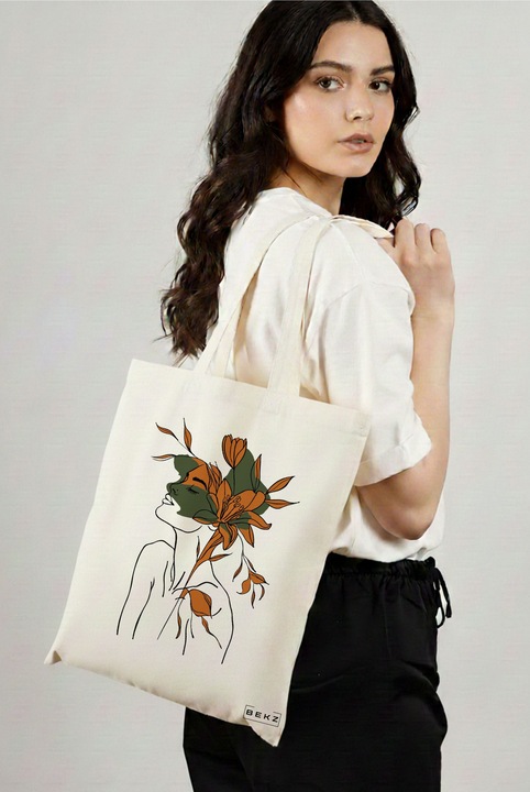 Sacosa Cumparaturi Textila, Geanta Tote, Flower Lady 6, 38x34.5 cm, Alba, BEKZ®
