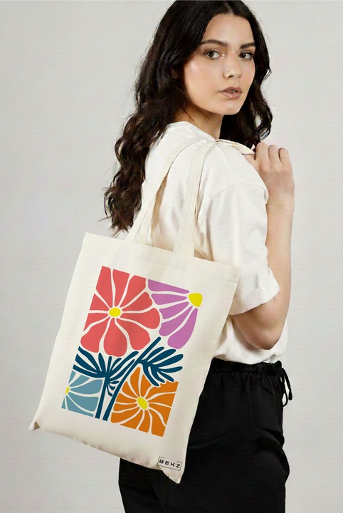 Sacosa Cumparaturi Textila, Geanta Tote Boho Style 11, 38x34.5 cm, Alba, BEKZ®
