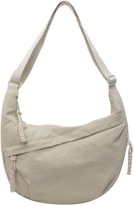 Geanta crossbody din nailon pentru femei, forma semiluna, bej, 34x22x9 cm, ideala pentru calatorii, uz zilnic si outdoor