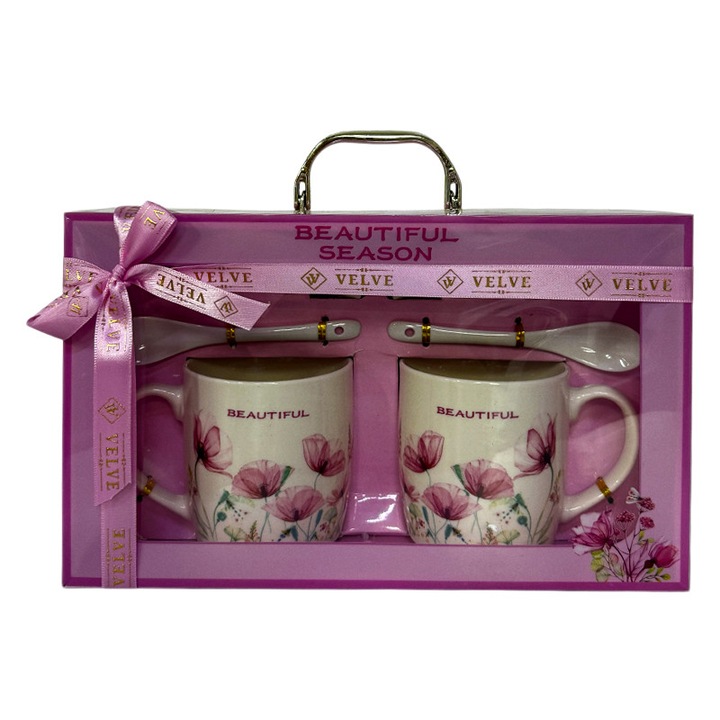 Set 2 cani ceramice Beautiful Season cu lingurite si farfurii, 300 ml, Velve