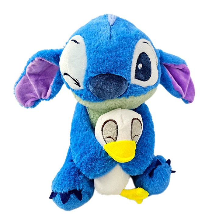 Jucarie de plus Stitch cu pinguin in brate, albastru, Velve