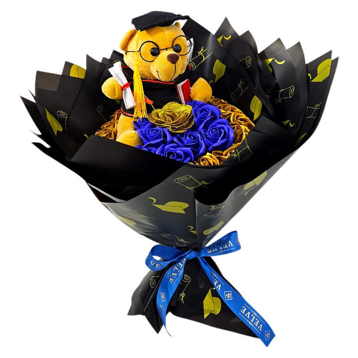 Buchet floral absolvire cu ursulet graduate si trandafiri de sapun albastru-auriu, Velve
