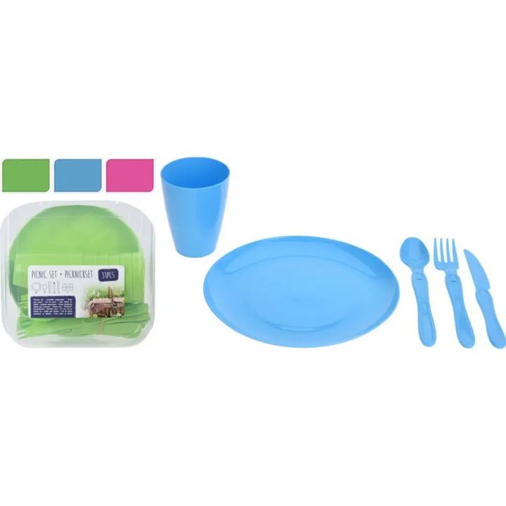 Set picnic pentru servire Excellent Housewar, din plastic, reutilizabil, usor de curatat, Multicolor, 5 piese