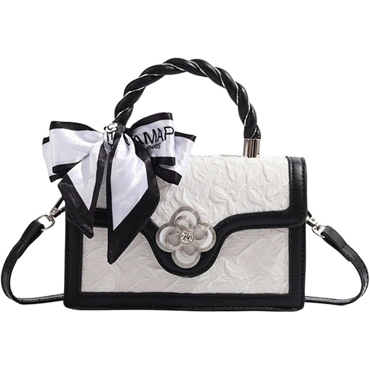 Geanta crossbody vintage pentru femei, alb-negru, 20x12x6 cm, cu maner si panglica, model patrat cu clapeta