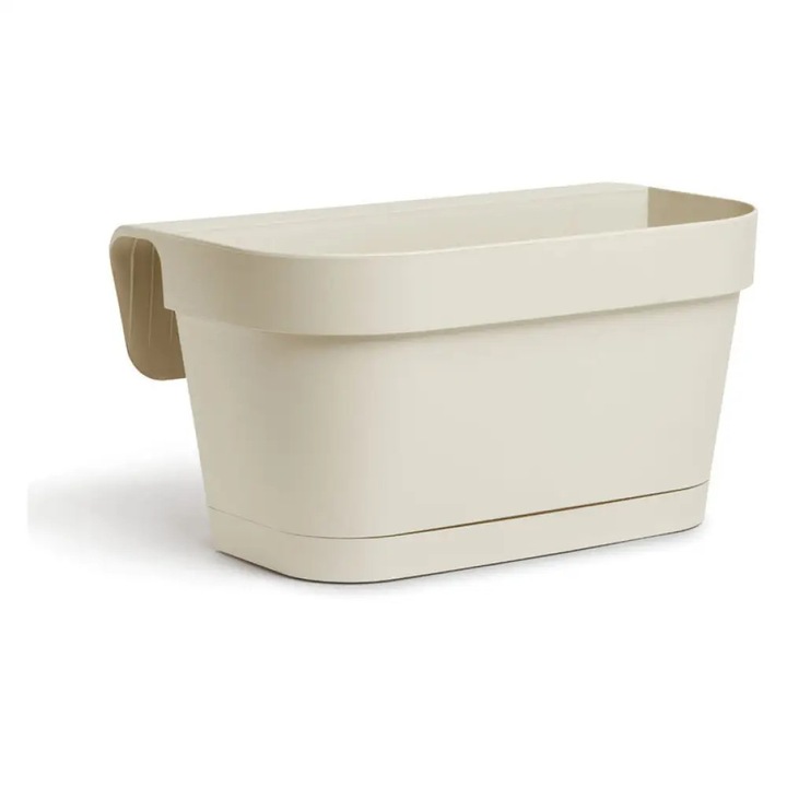 Jardiniera ghiveci Erba B-Smart, din plastic, cu tava de scurgere detasabila si suport pentru balustrada, crem, 46x16x19 cm