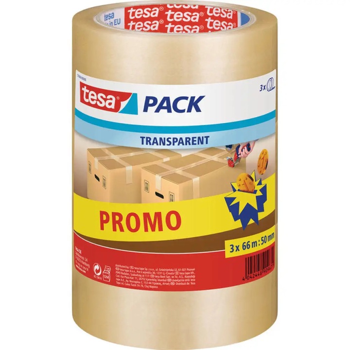 Banda de ambalare Tesa Pack / scotch, transparenta, 66 m x 50 mm, 3 role