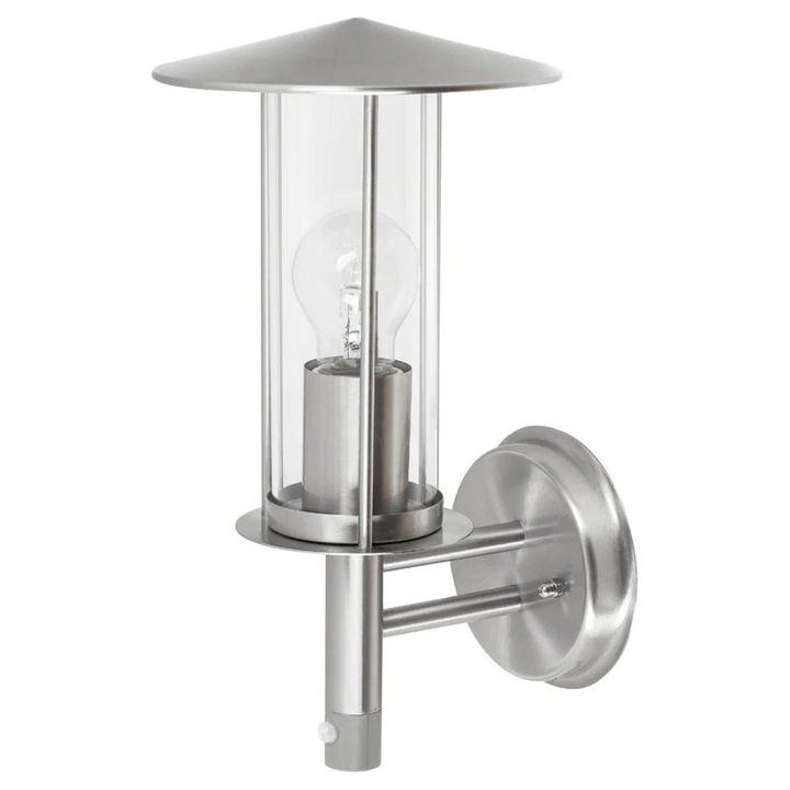 Aplica de exterior Rabalux Nashville, E27, max 60W, IP44, cu senzor, argintiu, 1 buc