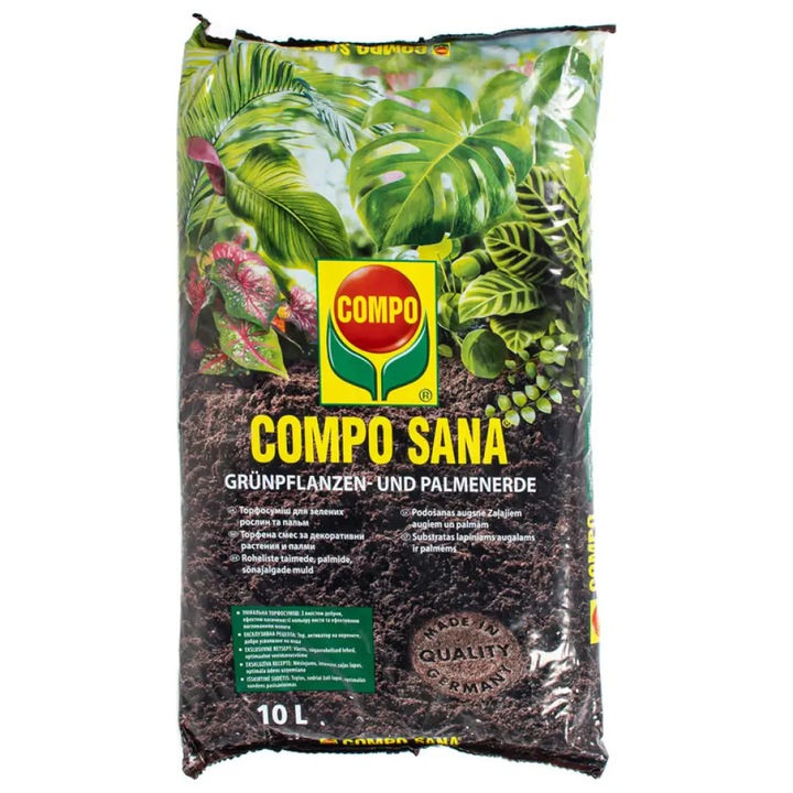 Substrat/sol pentru plante verzi si palmieri Compo Sana, pe baza de turba, imbogatit cu nutrienti, Maro, 10 L