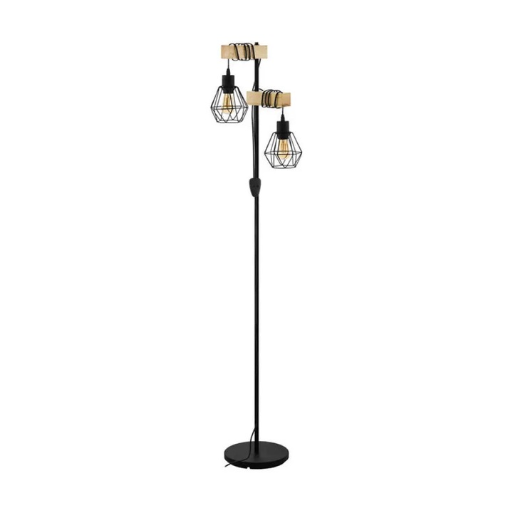 Lampadar Eglo Townshend 5, 2 x E27, cu abajur metalic tip grilaj si detaliu din lemn, negru, 1 buc