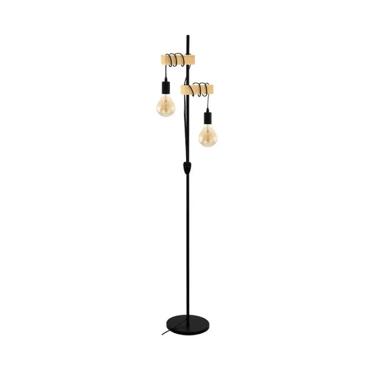Lampa de podea / lampion Eglo Townshend, 2xE27, suport metalic cu elemente din lemn, Negru/lemn, 1 buc