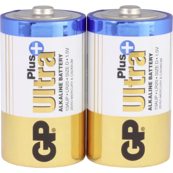 Baterie alcalina/acumulator GP Batteries Ultra Plus LR20, 1.5V, fara mercur si cadmiu, auriu/albastru, 2 buc.