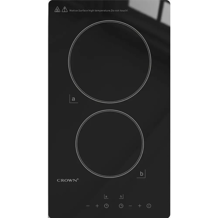 Plita ceramica incorporabila Crown VCP 32, electrica, 2 zone de gatit, control touch, suprafata din sticla ceramica, negru