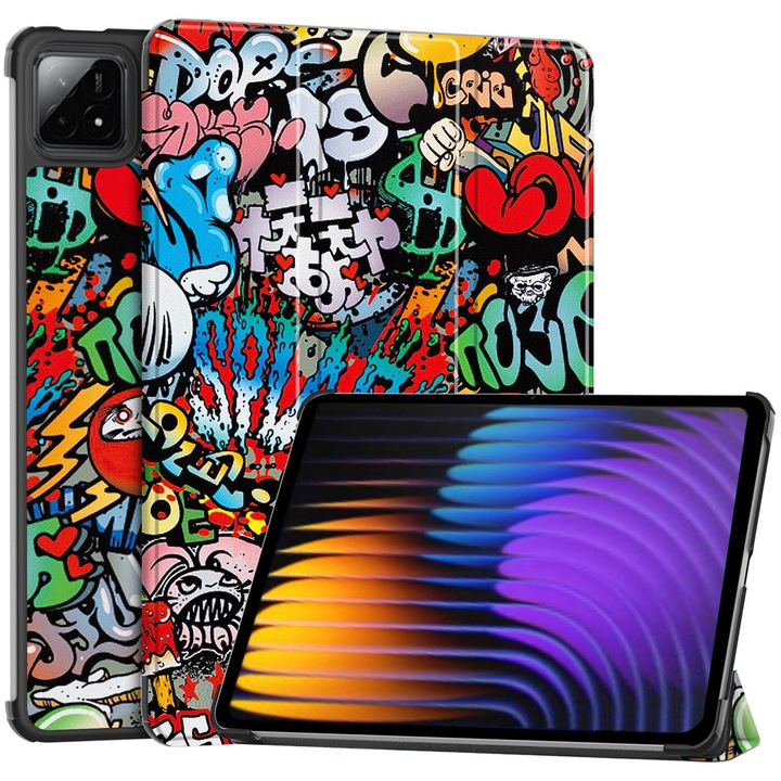 Etui tableta cu clapa, 11.2", multicolor, set cu functie Smart Cover si suport ajustabil
