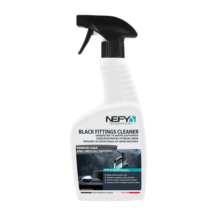 Curatitor/detergent pentru fitinguri negre Nefy Professional, indeparteaza depuneri de calcar si sapun, cu pulverizator, alb/negru, 500ml