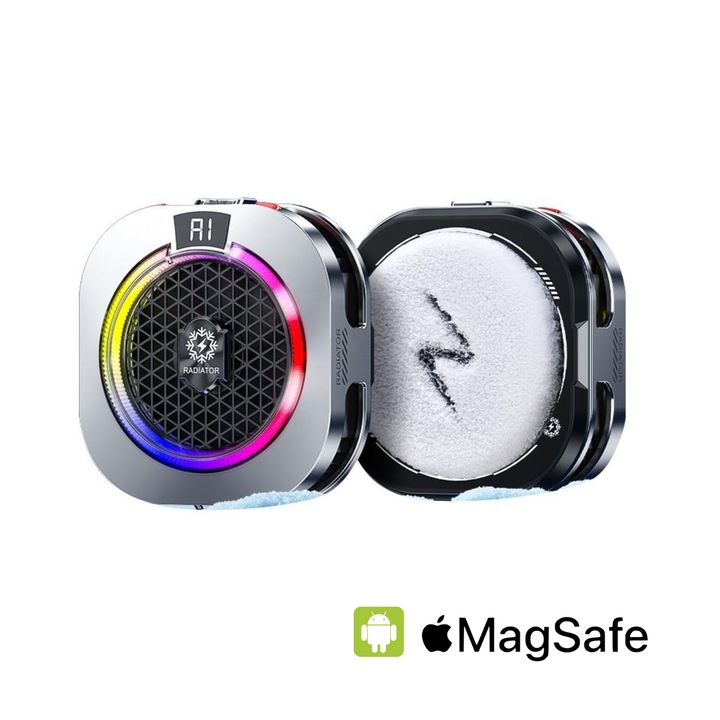 Cooler Magnetic Telefon BIZAIMO, Afisaj Digital, Lumina RGB, Racire cu Semiconductor, Compatibil MagSafe, Universal, Clipsuri, Argintiu