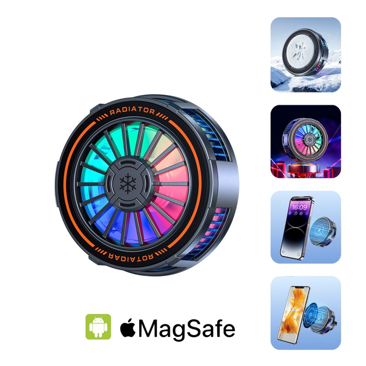 Cooler Magnetic Telefon BIZAIMO, Lumina RGB, Magnet N52, Racire cu Semiconductor, Compatibil MagSafe, Universal, Argintiu