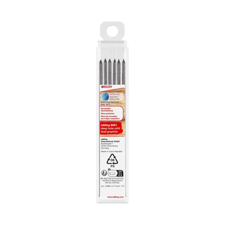 Mine grafit pentru creion Edding 8800, pentru gauri adanci, reincarcabile, Negru, 6 bucati