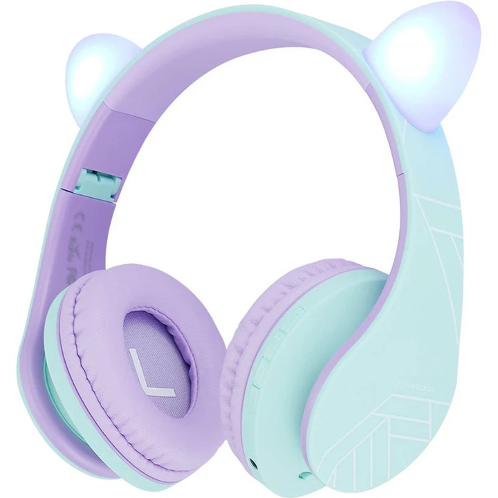 Casti cu fir Powerlocus P2 Kids pisica mov-verde