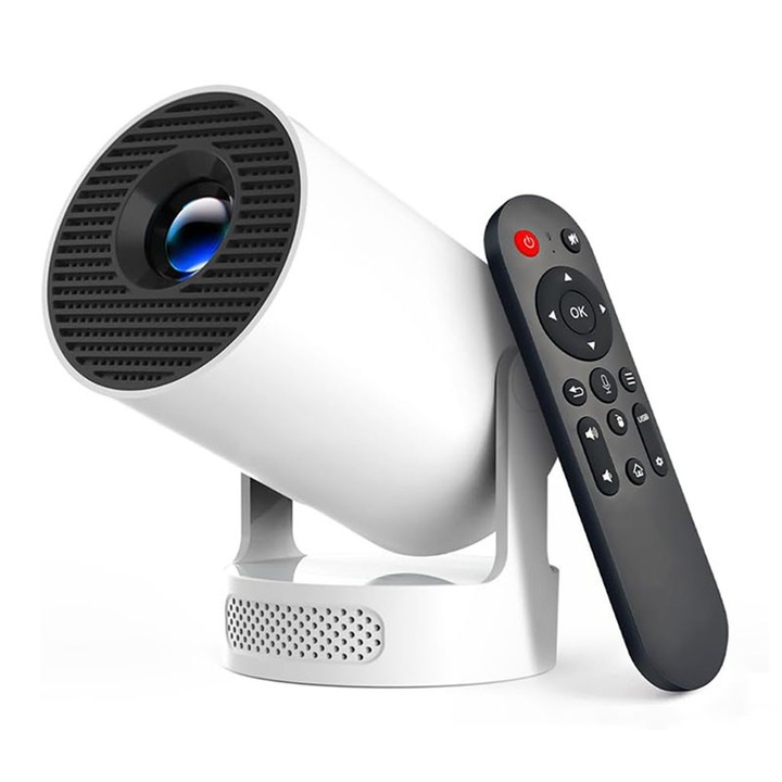 Hordozható videoprojektor, Duueyct, 170ANSI, Android 11-gyel, Wi-Fi 6, BT 5.4, 1280x720p HD felbontás, 4K támogatás, 180°-os forgatás, Hangszóró, Állítható 110 hüvelykes vetítés, Távirányító, HDMI, USB és Android/IOS tükrözés csatlakozás, Fehér